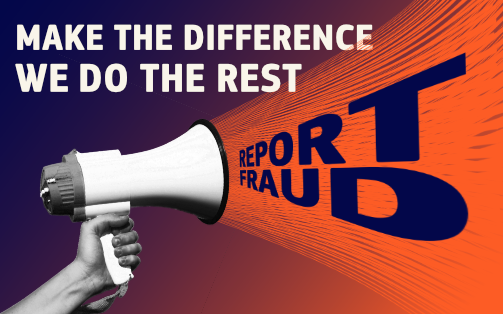 The words "Report fraud" are coming out of a loudspeaker, held by a hand
