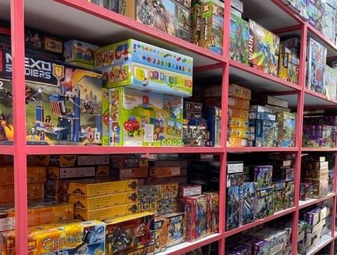 Shelves filled with boxes of board games