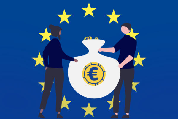 Two figures holding a money bag, in a circle of the 12 starts symbolizing the EU
