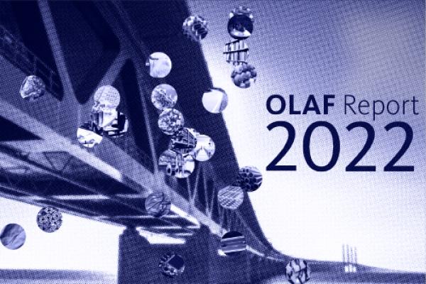 A visual displaying OLAF report 2022 with a bridge and bubbles in the background